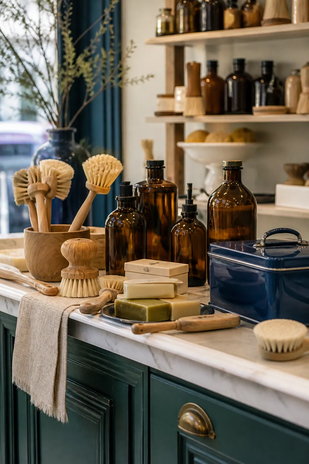 Brosses en bois, flacons ambrés et savons disposés sur un comptoir de droguerie