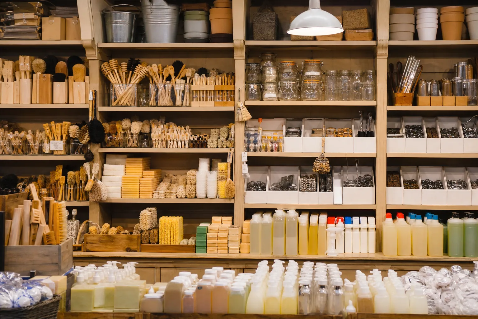 Étagères de droguerie garnies de produits d'entretien et d'ustensiles