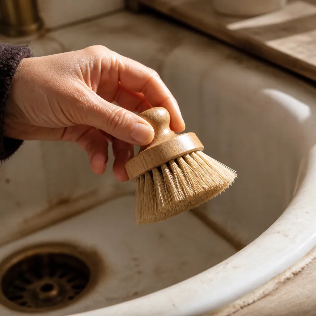 Main tenant une brosse à récurer en fibres naturelles