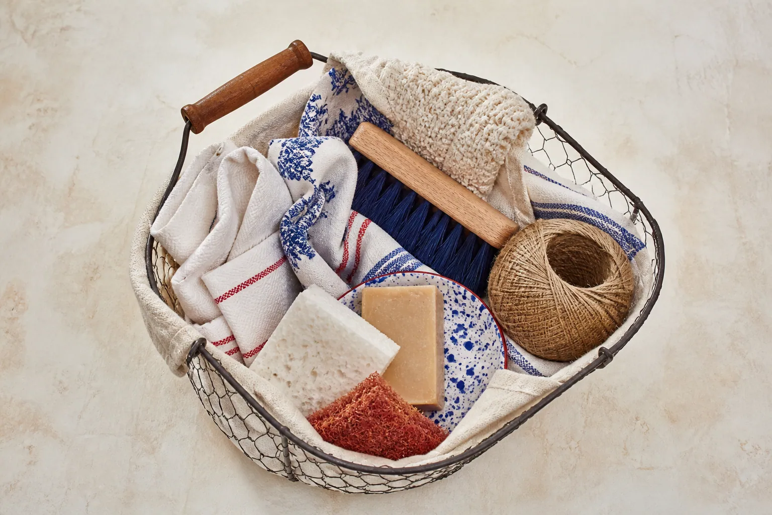 Panier contenant des accessoires pratiques pour l'entretien de la maison