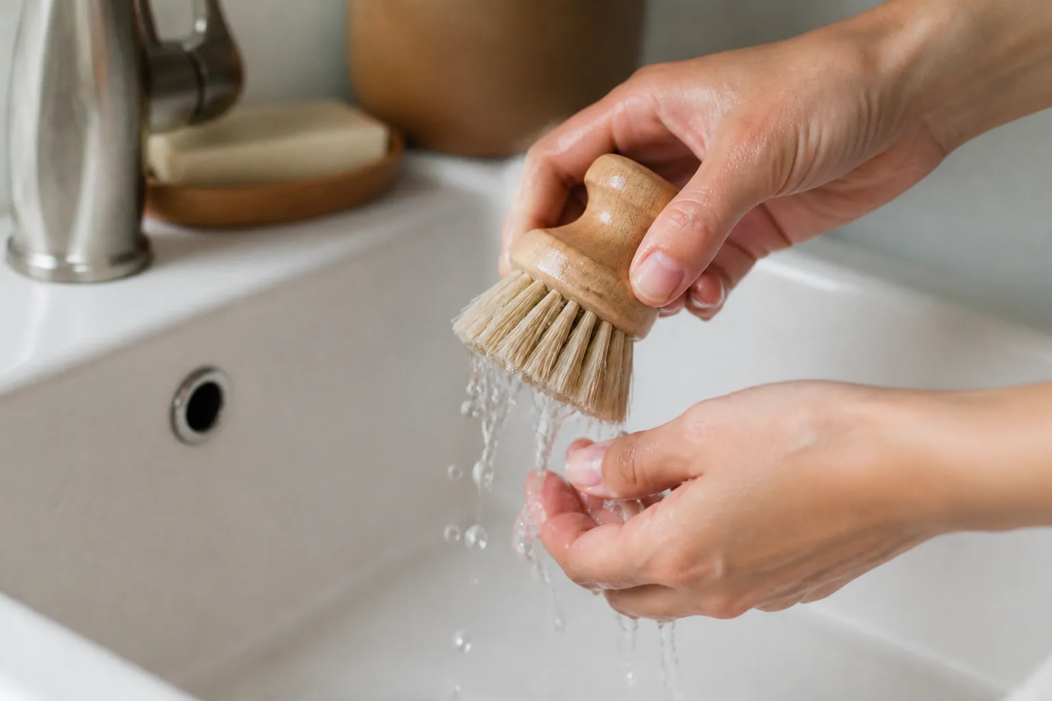 Brosse en fibres naturelles nettoyée au-dessus d'un évier