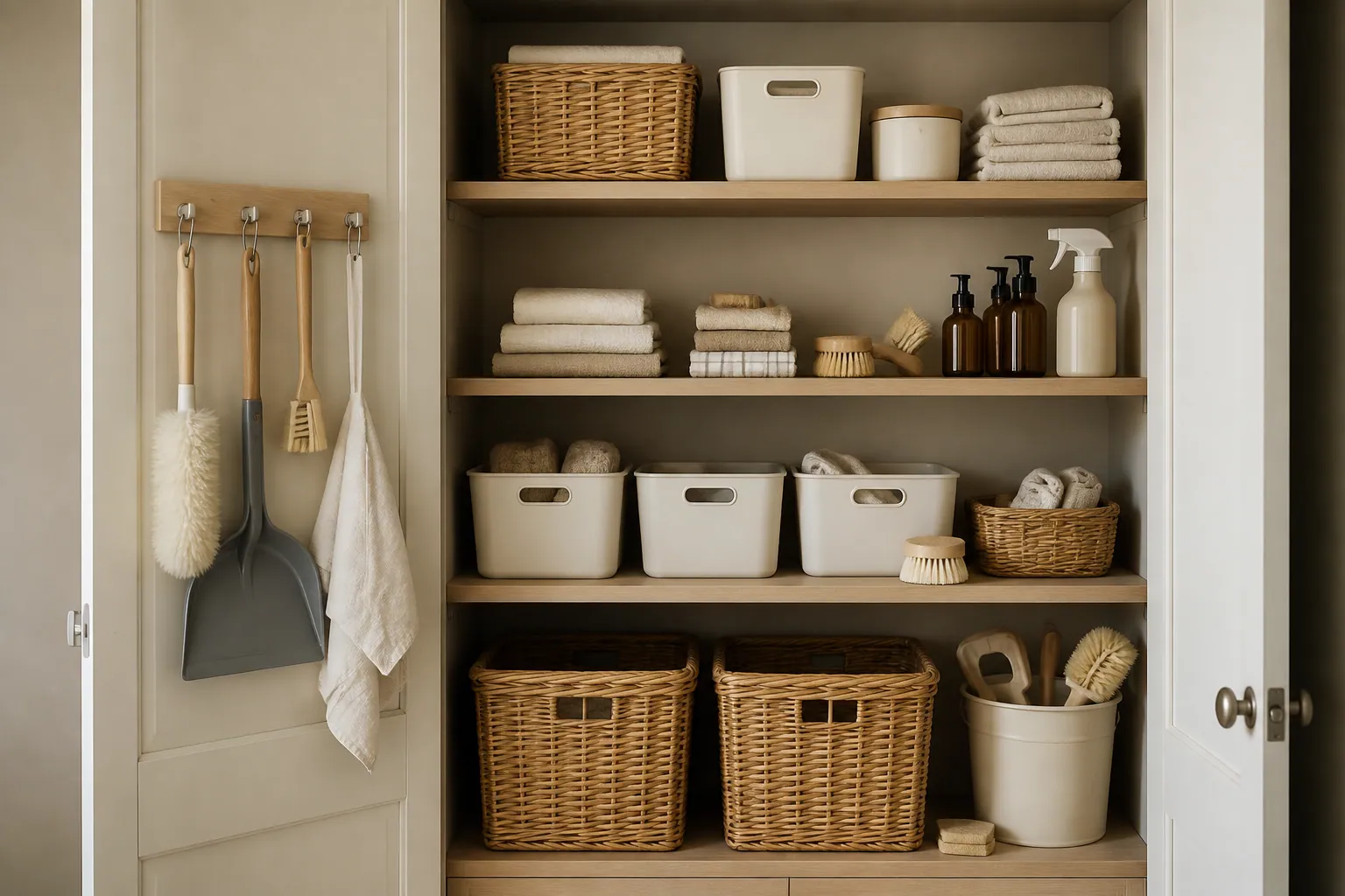 Placard domestique organisé avec paniers et contenants sobres