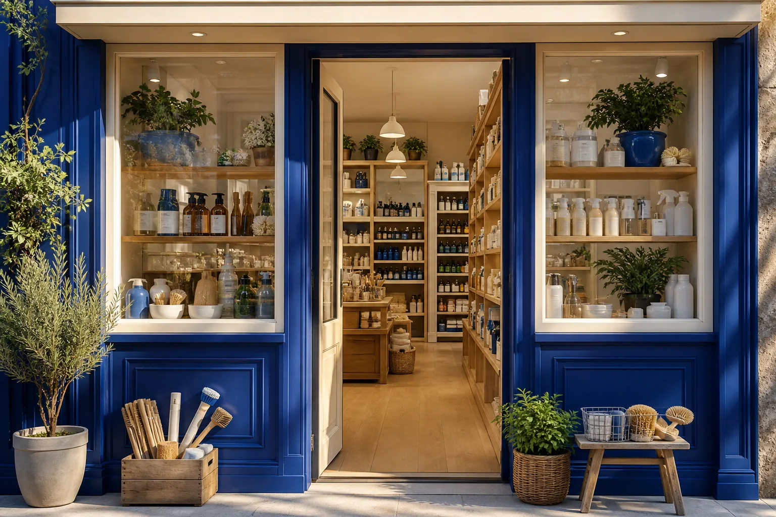 Entrée lumineuse d'une droguerie avec étagères visibles