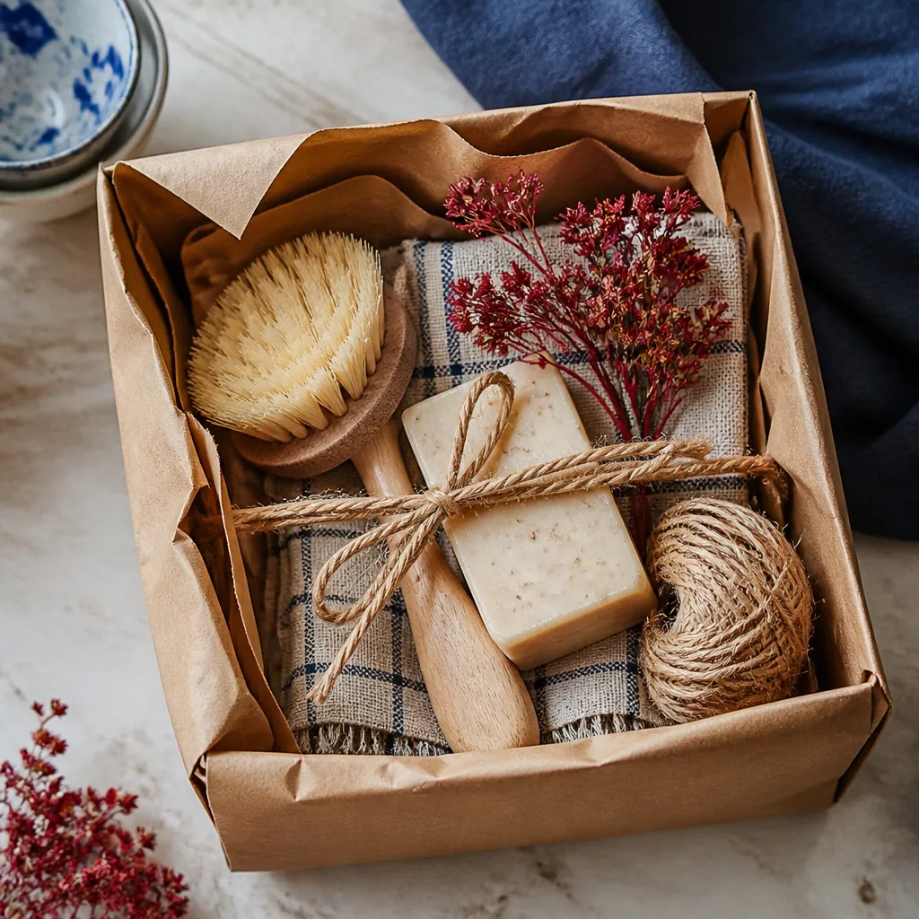 Produits de droguerie soigneusement réunis dans un paquet en papier