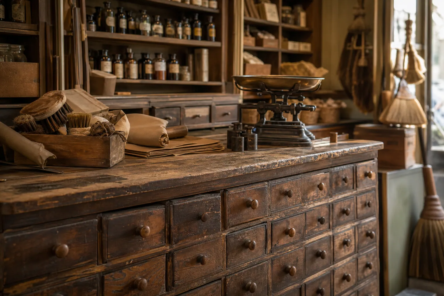 Ancien comptoir en bois avec tiroirs et objets de droguerie