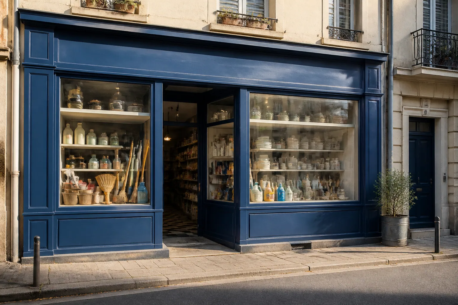 Façade accueillante d'une petite droguerie de quartier
