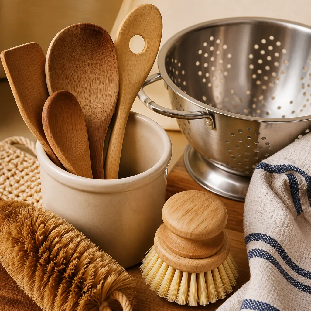 Ustensiles de cuisine en bois et métal rangés ensemble
