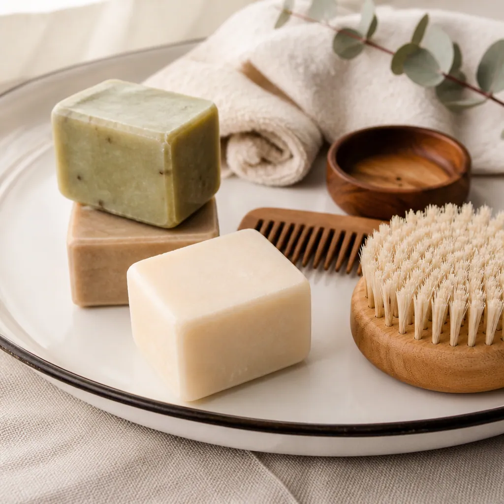 Savons, brosses douces et accessoires de soin quotidien